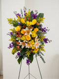 Golden Garden Sympathy Spray – Yellow & Purple Funeral Flowers Miami