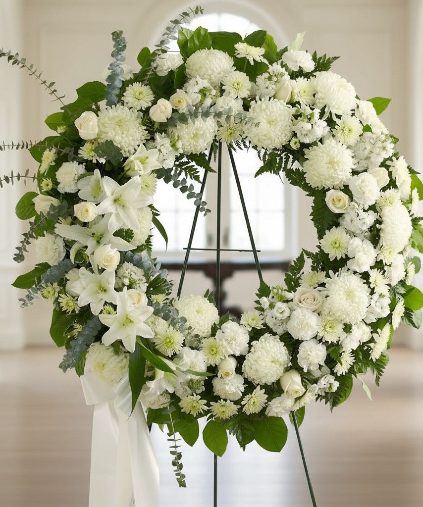 Elegant White Sympathy Wreath – Funeral Wreath Delivery Miami