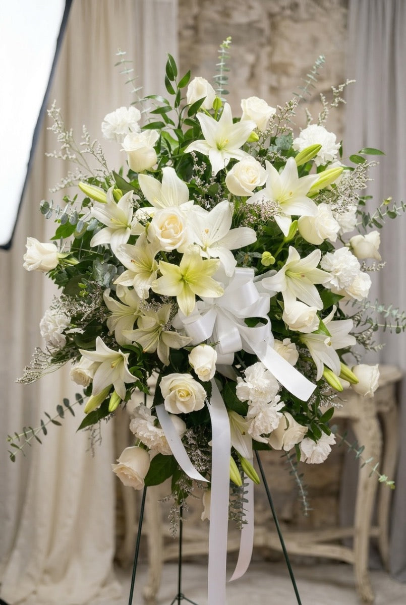 Peaceful White Lily Sympathy Spray – Funeral Flowers Miami