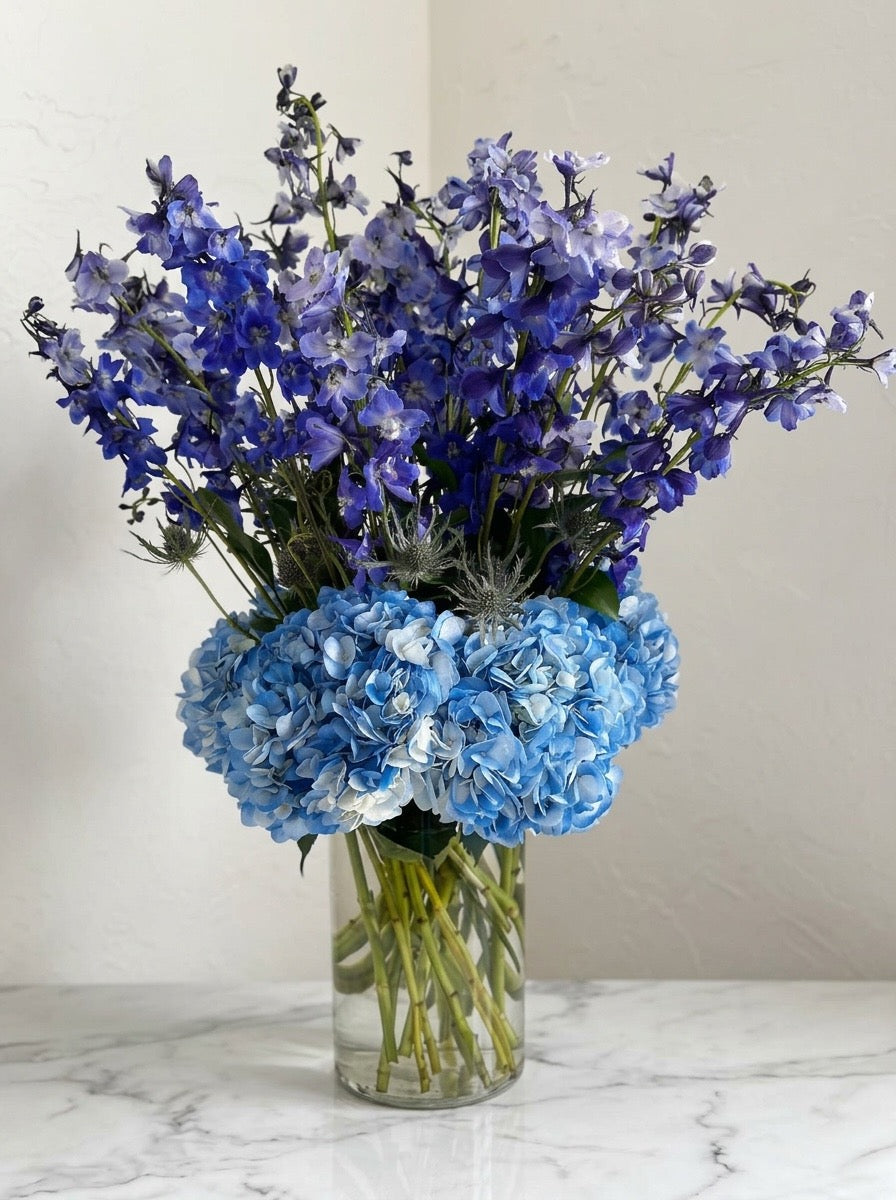 Blue Hydrangea & Delphinium Arrangement