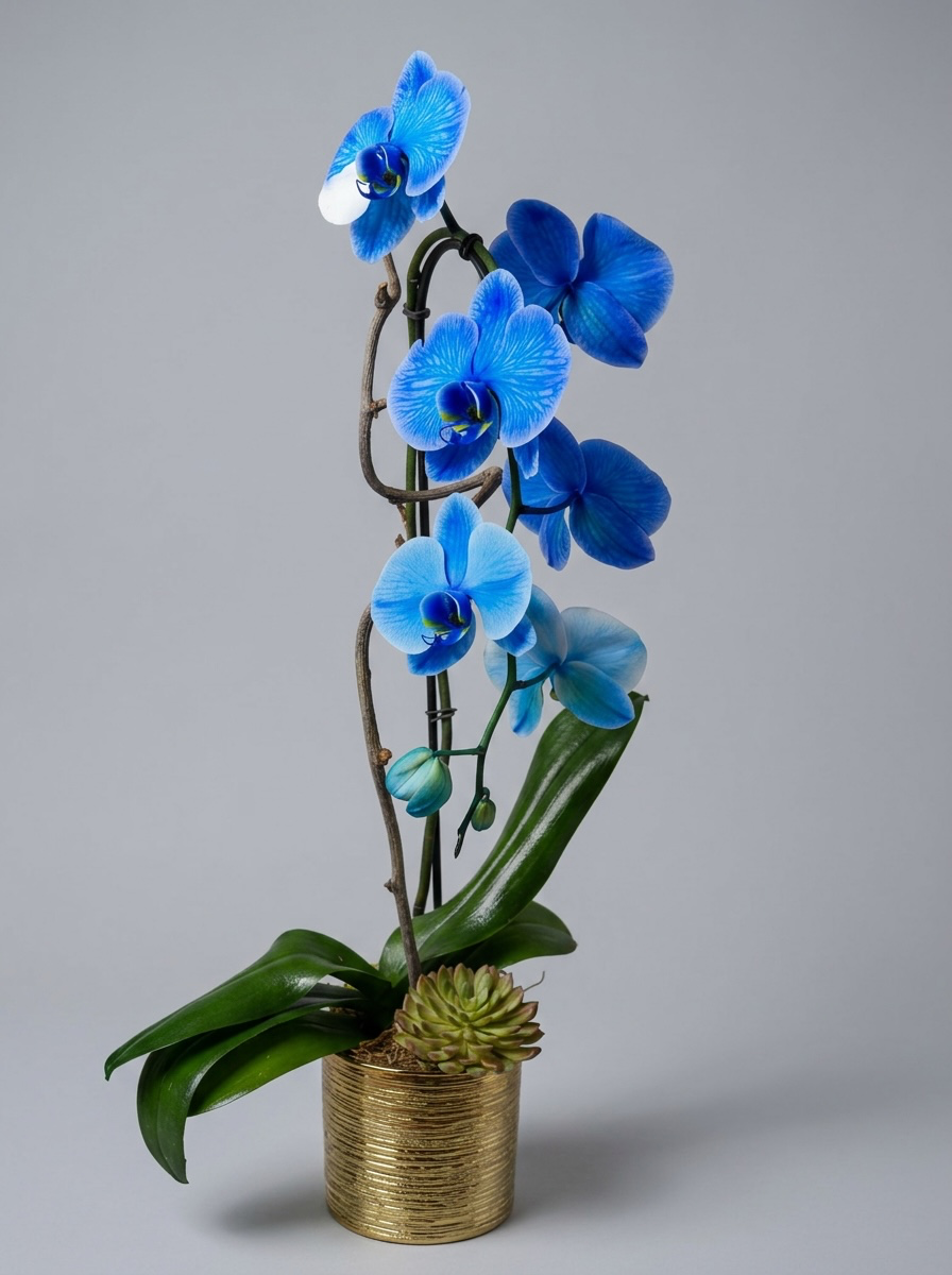 Blue Phalaenopsis Orchid in Gold Ceramic Pot
