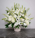 Elegant White Lily & Rose Basket – Sympathy Flowers Miami
