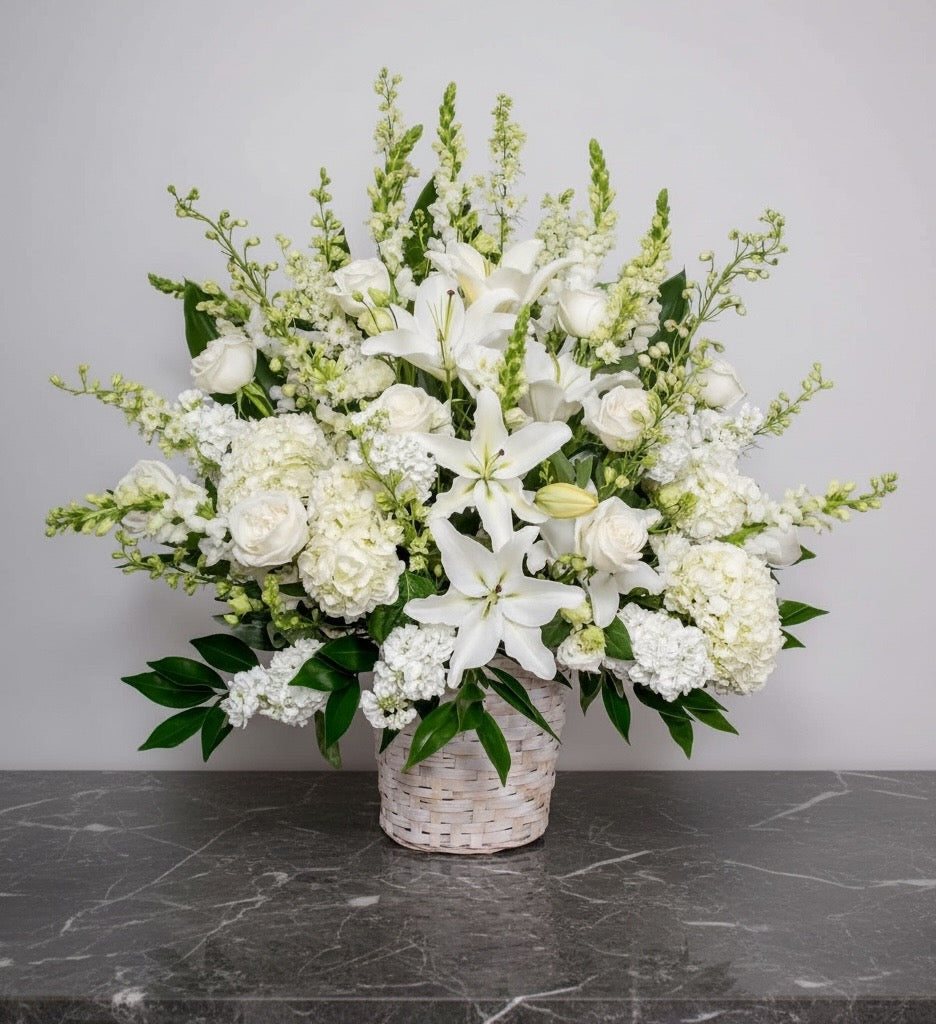 Elegant White Lily & Rose Basket – Sympathy Flowers Miami