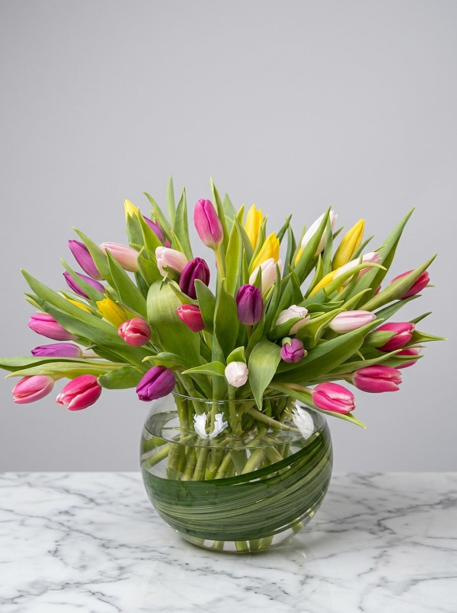 Spring Tulip Vase Arrangement – Colorful Tulips in Glass Vase
