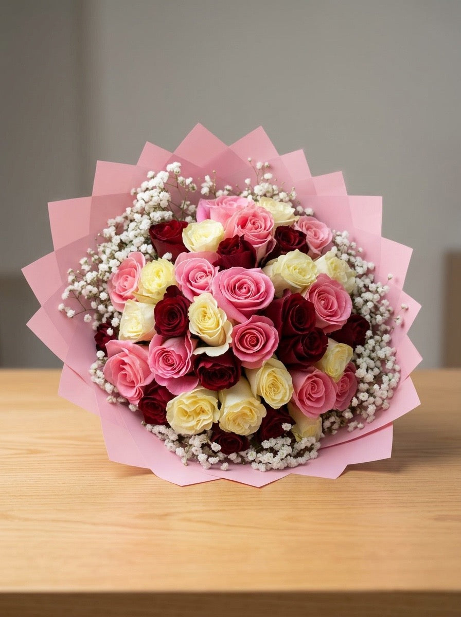 36 Mixed Roses Bouquet – Luxury Pink, Red & White Roses Miami